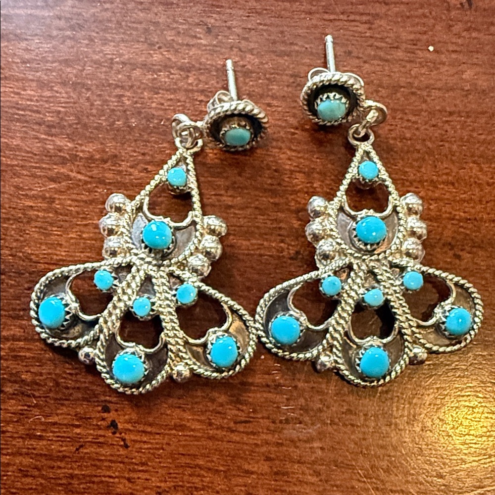 Stamped Sterling Silver and Real Turquoise Earrings